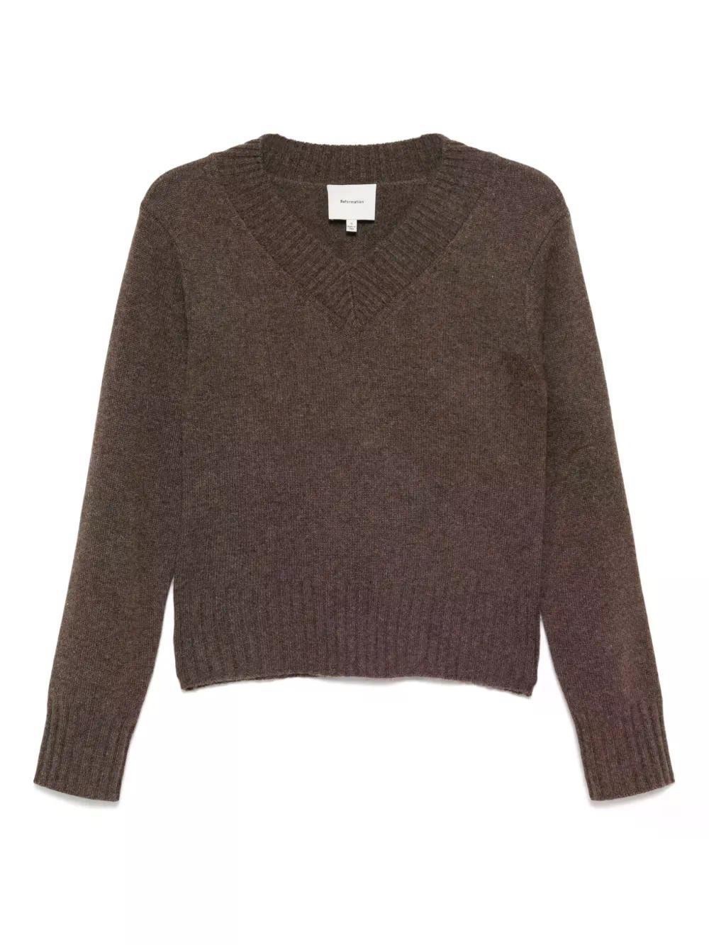 Reformation Dulce Cashmere V-Neck Sweater (or Jumper) in brown.